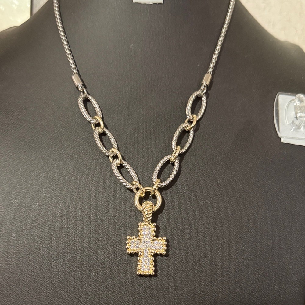 Elegant Gold and Silver Cross Pendant Necklace